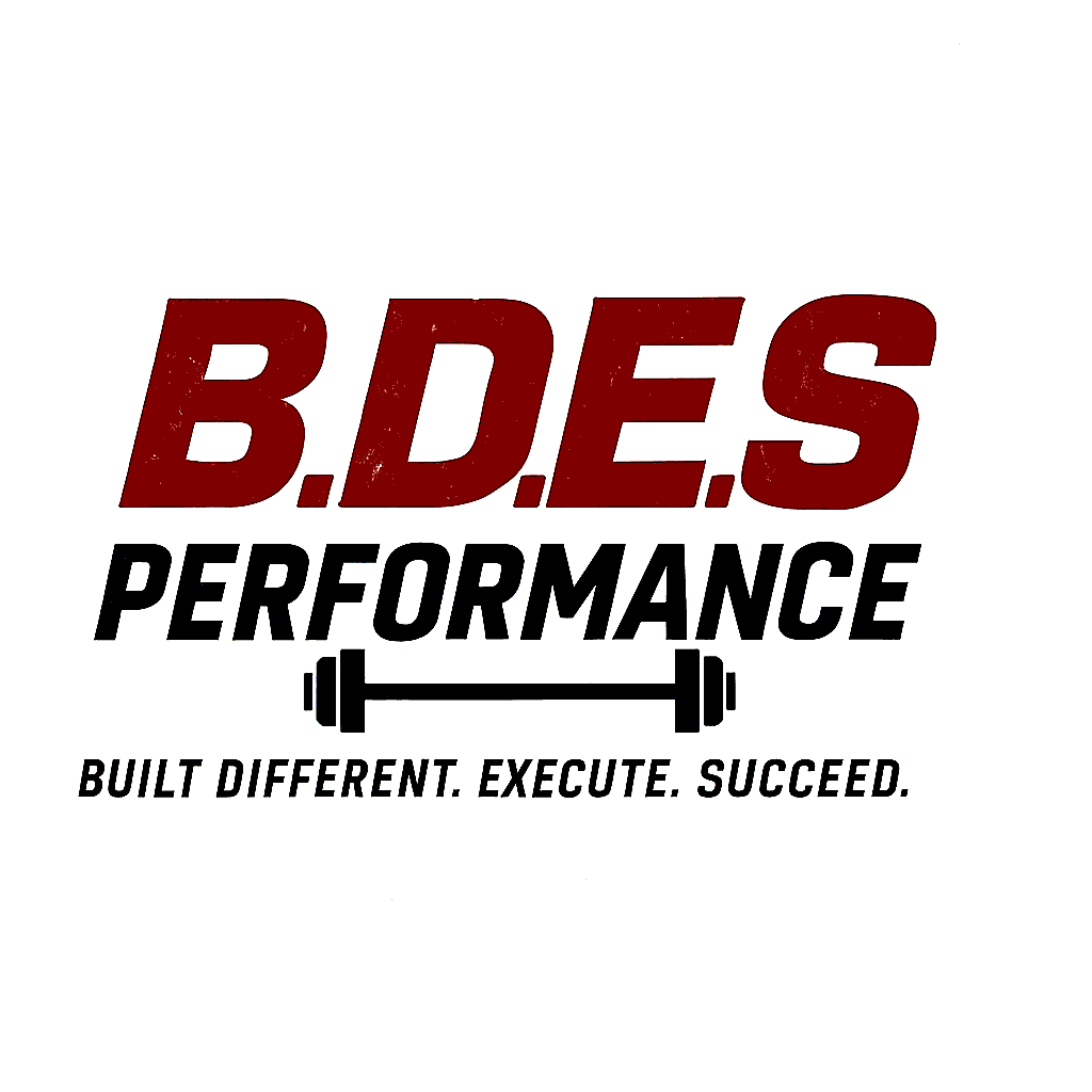 Logo for B.D.E.S Performance with a barbell icon and the slogan 'Built Different. Execute. Succeed.'.