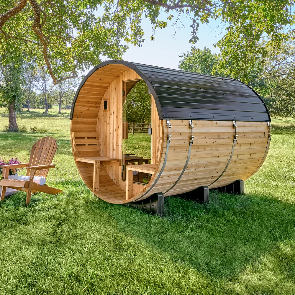 Paxton Outdoor Barrel Sauna with Porch – 4-6 Person