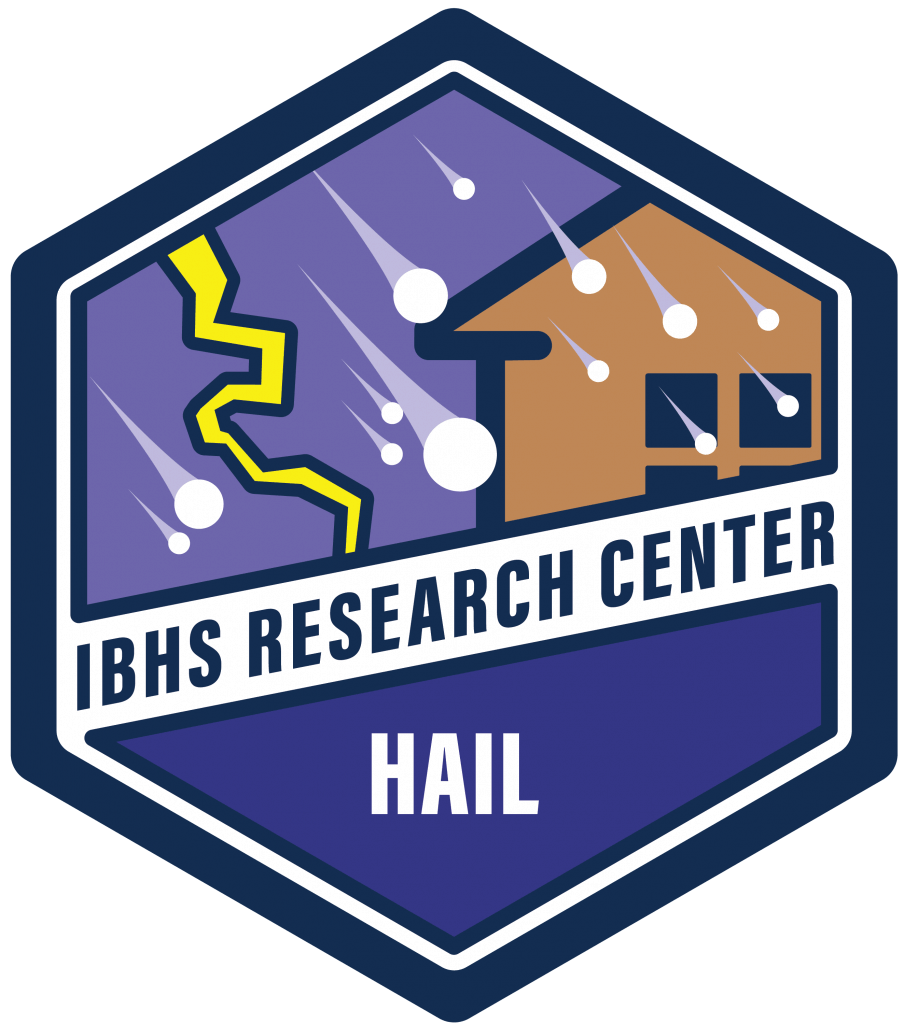 Research center badge with a house, storm clouds, lightning, and hail, labeled 'IBHS Research Center Hail'.