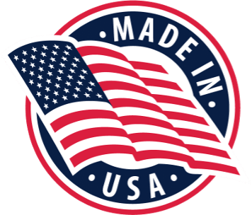 Circular badge with an American flag waving above the text 'Made in USA'