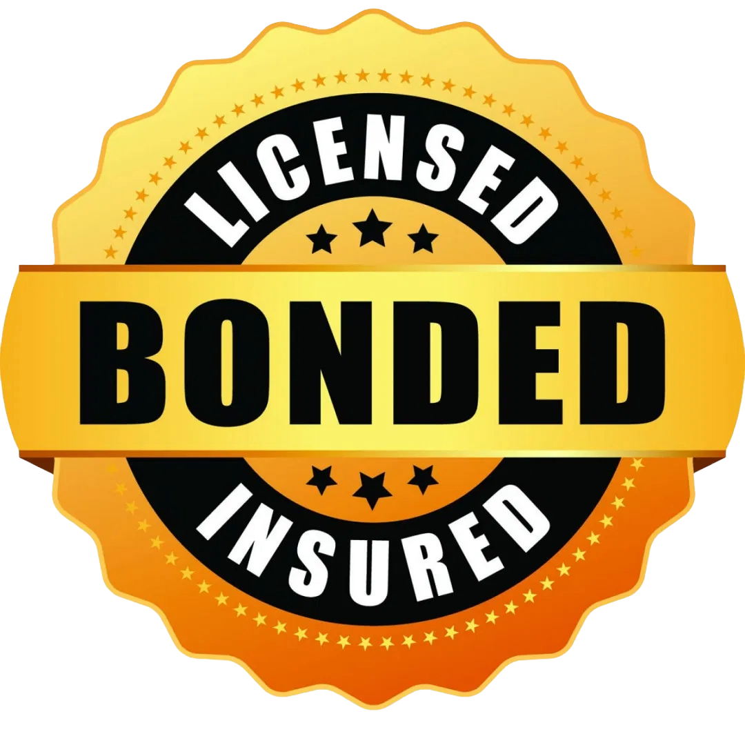 A gold and black badge with the words "Licensed and Bonded" and "Insured" indicating a licensed and insured service or business.