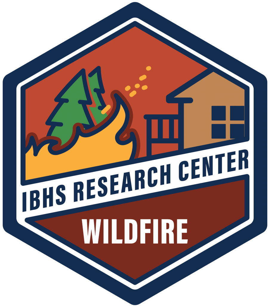 Logo of IBHS Research Center Wildfire showing a house, trees, and flames.