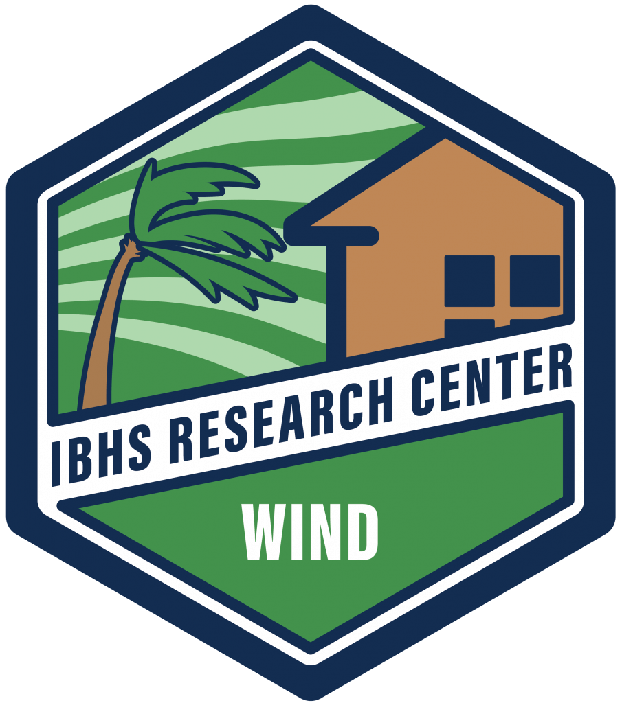 A badge-style logo for IBHS Research Center Wind, featuring a palm tree on the left, a house on the right, and green and blue background elements.