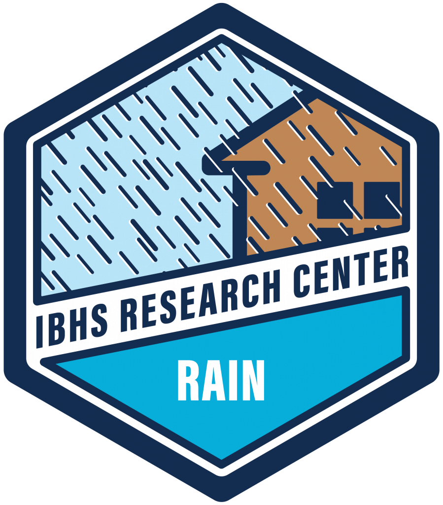 Badge with a stylized warehouse or building icon and the text 'IBHS RESEARCH CENTER' and 'RAIN'.