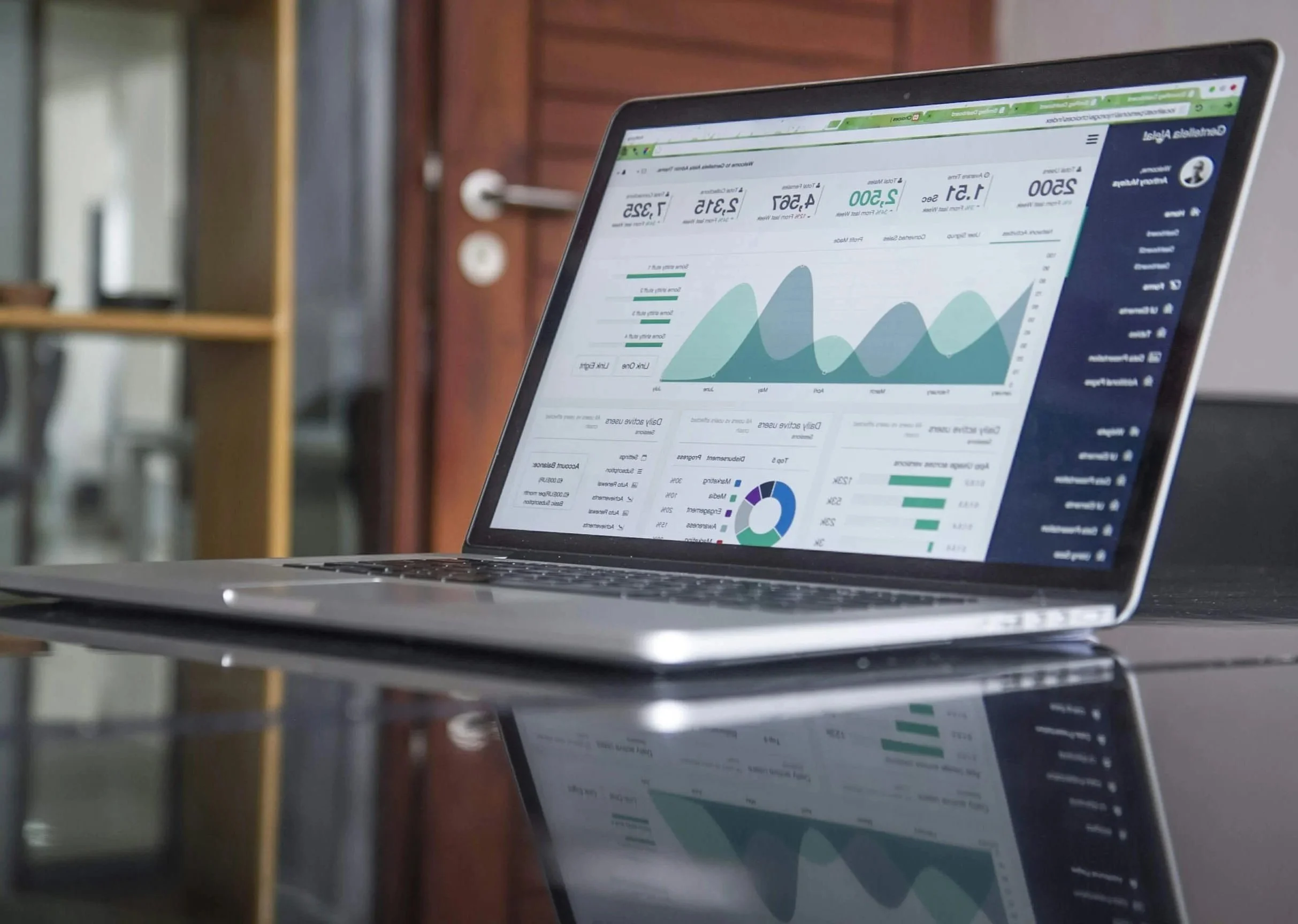 A laptop displaying a data analytics dashboard with graphs, charts, and numbers, placed on a reflective surface in a room with wooden shelves and a brick wall.