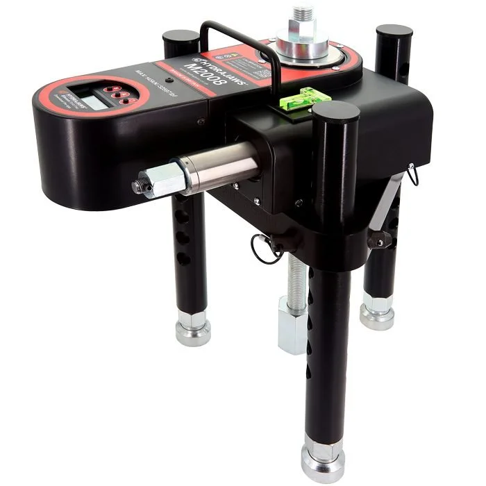 A hydraulic jack platform with adjustable legs, digital controls, and a metallic lifting arm designed for vehicle maintenance.