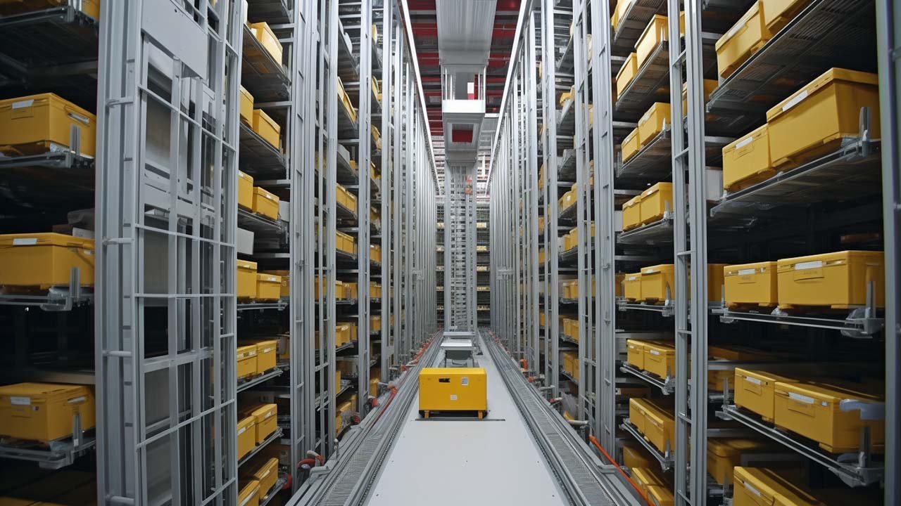 View of an automated storage and retrieval system in a warehouse with high shelves filled with yellow bins, and a yellow robot in the aisle.