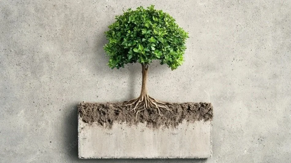 A digitally manipulated image shows a tree growing out of a rectangular concrete planter, with the roots visible above the soil, set against a plain gray concrete wall.