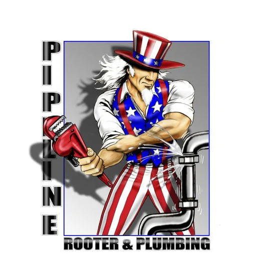 A muscular man dressed in American patriotic clothing, including a hat with stars and stripes, working with plumbing pipes and a power tool.