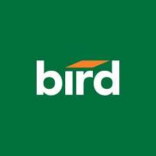The Bird logo on a green background with a stylized orange wing above the word 'bird' in white.