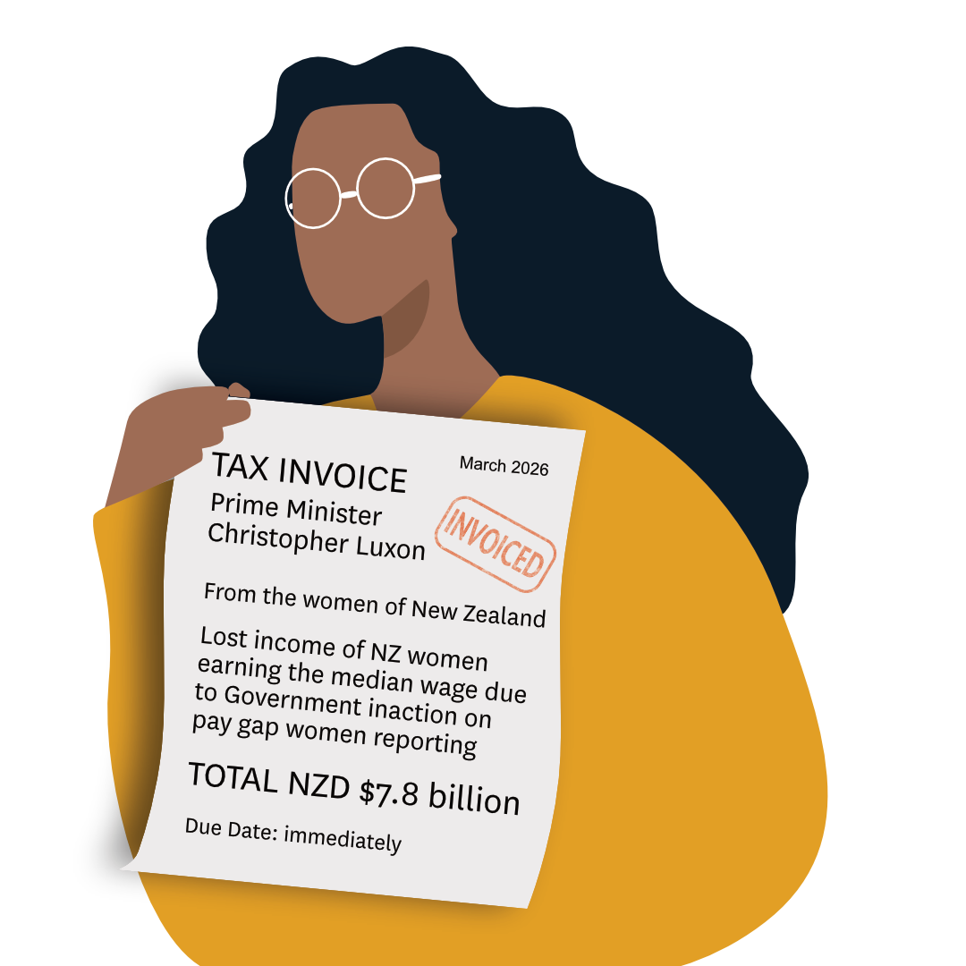 Cartoon of women holding invoice addressed to Christopher Luxon