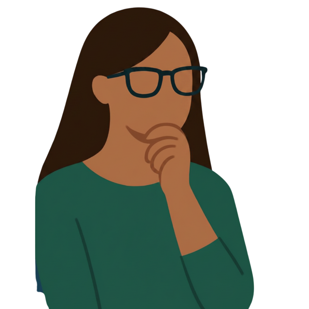 Woman dark long hair with glasses in thinking pose