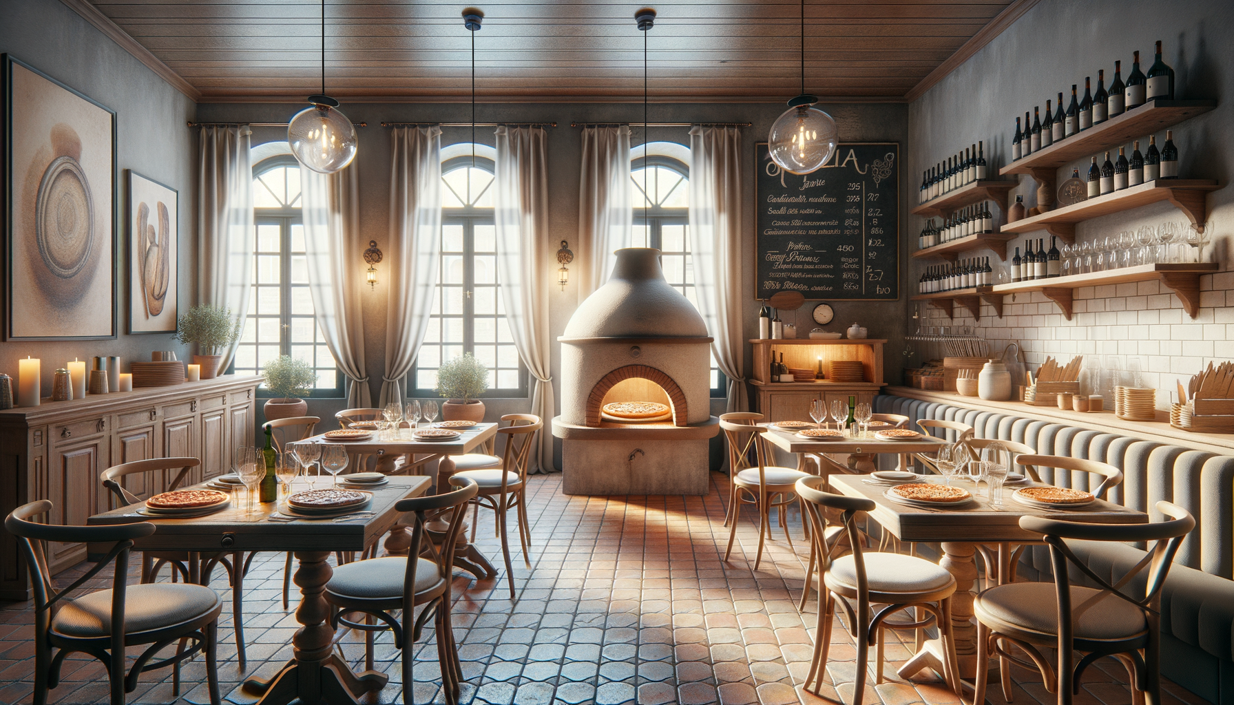 A cozy Italian pizzeria interior with wooden tables, chairs, and a brick pizza oven at the center. Sunlight streams through large arched windows with cream-colored curtains. Shelves with wine bottles and glassware decorate the walls, and framed artwork hangs above a sideboard. Candles and potted plants add to the warm ambiance.