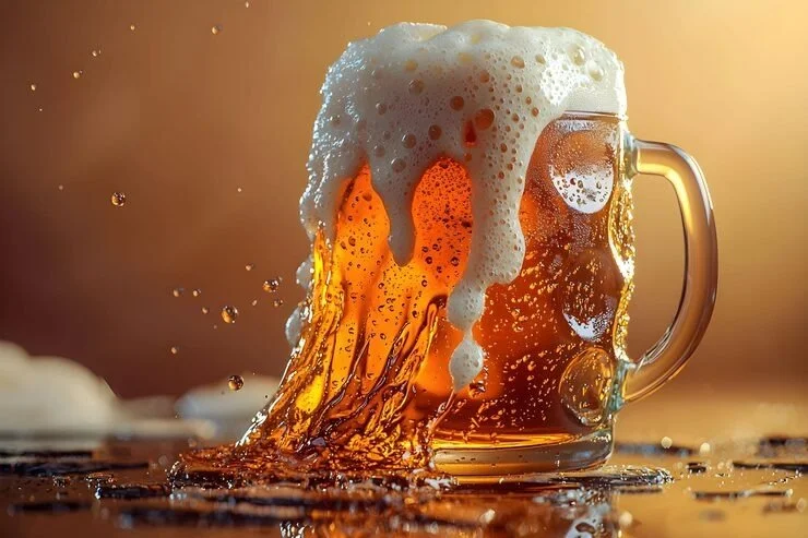 A glass mug of beer overflowing with foam and bubbles, spilling onto a surface.