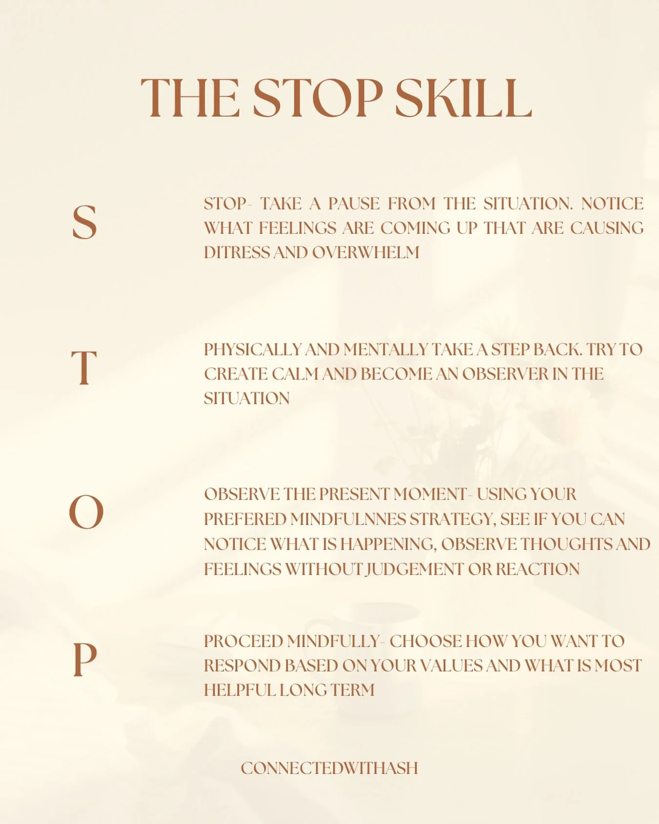 Breaking down the STOP skill 💫

In DBT approaches there are a range of skills to help guide us through intense emotions, anxiety and overwhelm 

The STOP skill is apart of distress tolerance strategies, focused on assisting us to regulate in times w