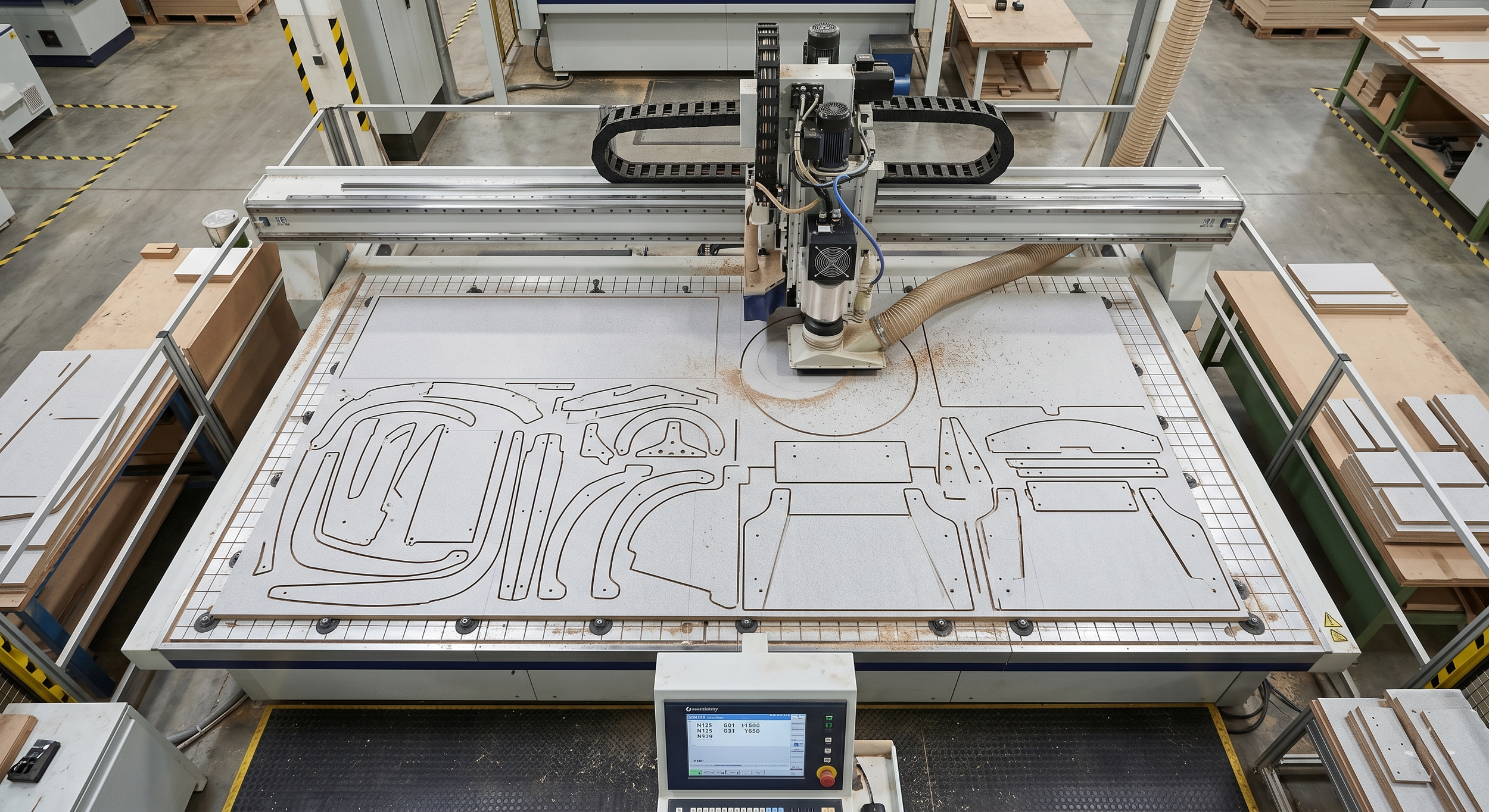 Macchina CNC industriale che taglia pannelli di legno con tracciati disegnati, in un'officina con attrezzature e scaffali