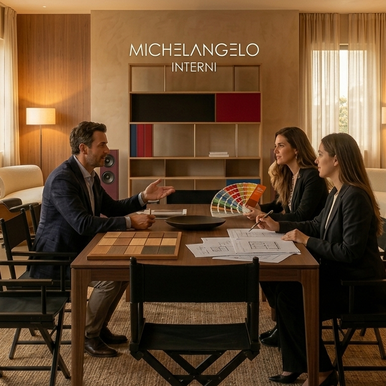 Tre persone siedono attorno a un tavolo in una stanza ben arredata, discutendo e mostrando campioni di colore e piani di progettazione, con un grande scaffale sullo sfondo e una tendina luminosa.