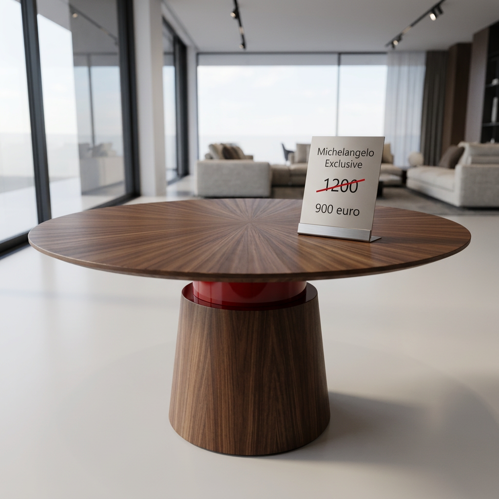 Tavolo in legno rotondo con segno di vendita che indica prezzo ridotto da 1200 a 900 euro in un salotto modernissimo con grandi finestre.
