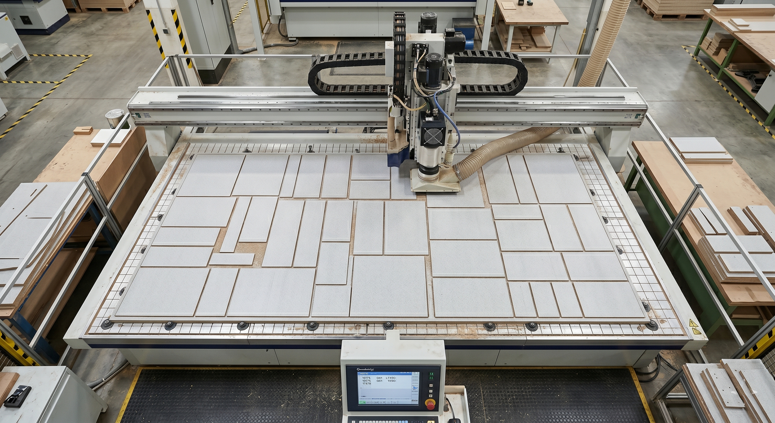 Una macchina industriale che colloca piastrelle di ceramica in un processo di produzione in un'officina con scaffali di legno e strumenti.