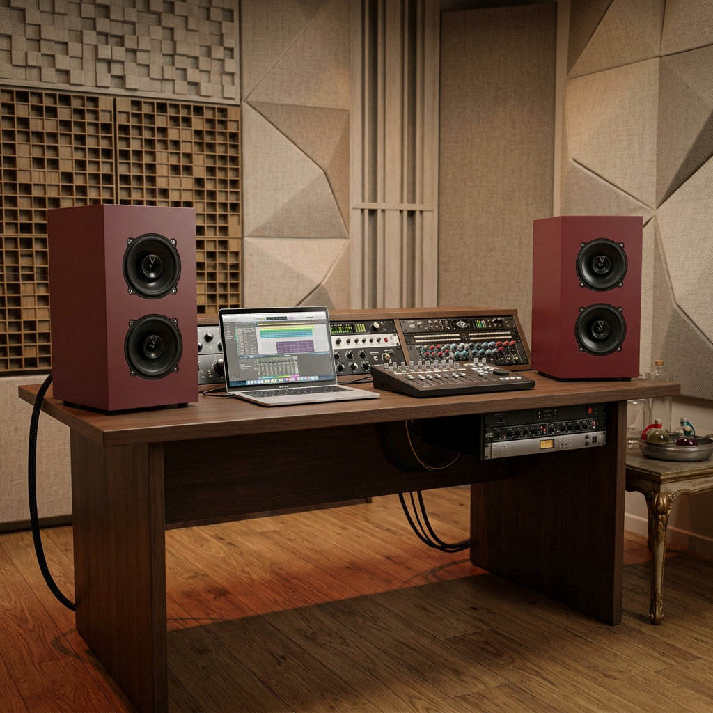 Studio di registrazione musicale con altoparlanti, mixer, computer con software di produzione musicale e pannelli acustici alle pareti.