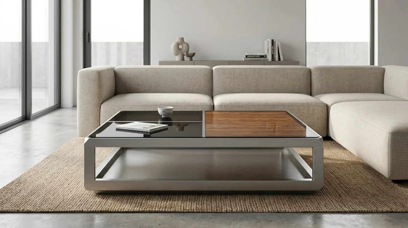 Sala moderna con divano beige, tavolino con piano nero e legno, tappeto di sicurezza, e grande finestra con tende bianche.