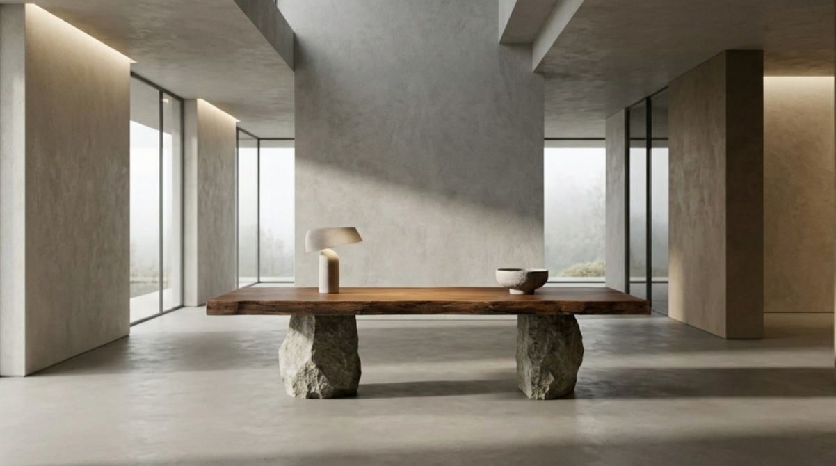 Interior di una casa moderna con pareti di cemento, grandi finestre e un tavolo in legno con due pietre come gambe, decorato con una lampada e una ciotola.