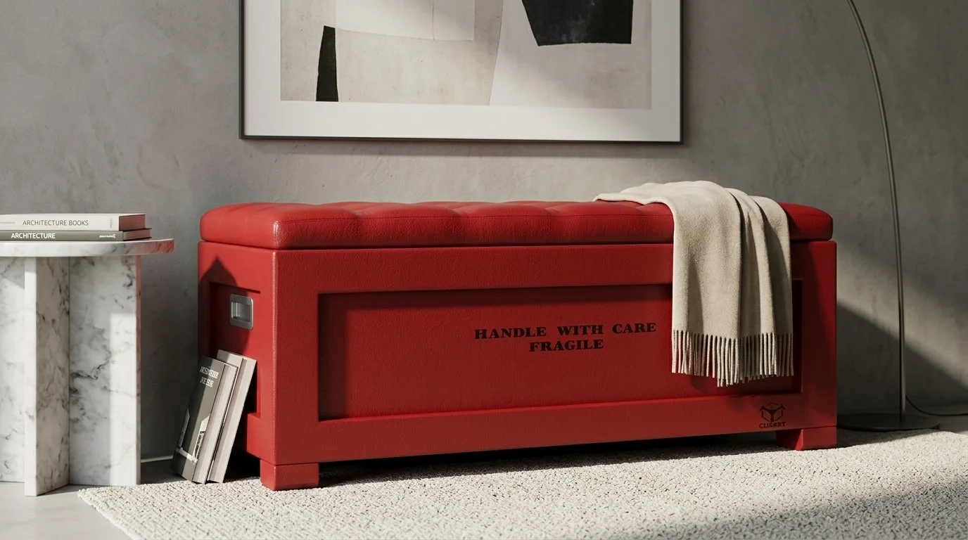 Schiena di un grande pannello rosso con scritto 'HANDLE WITH CARE FRAGILE'. Sopra, una coperta beige, e a sinistra, un tavolino bianco in marmo con libri.
