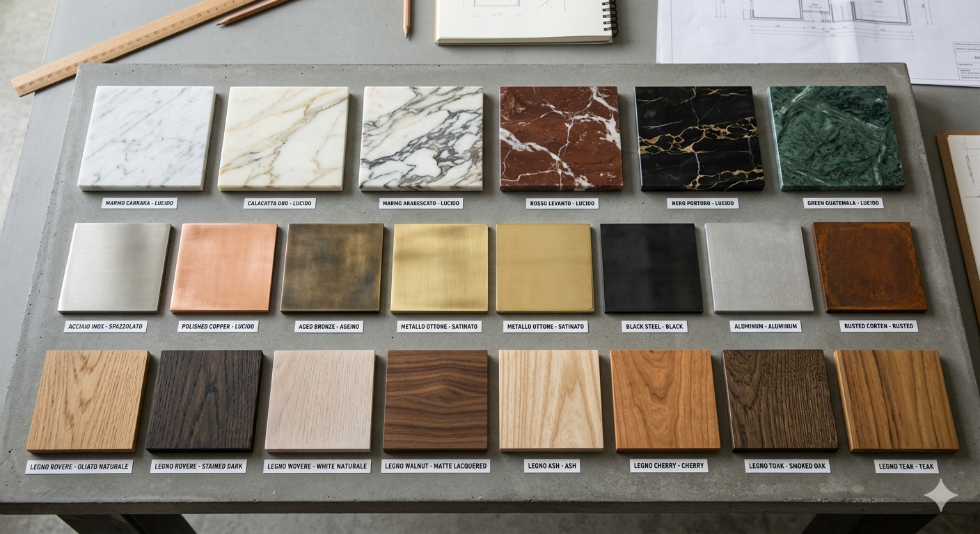 Campionario di materiali per superfici: marmo, metalli, legni, e altri. In alto vi sono campioni di marmo in vari colori, seguiti da metalli come acciaio, ottone e rame, poi vari legni con diverse finiture.