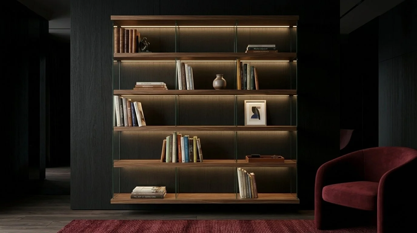 Biblioteca di legno con luci led integrate, piena di libri, in una stanza moderna con pareti nere e un tappeto rosso, con una poltrona rossa a destra.