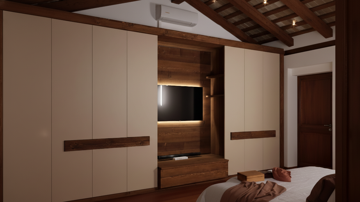 Camera da letto con armadi in legno e parete con TV a schermo piatto, letto con biancheria e oggetti di scena, soffitto con travi in legno
