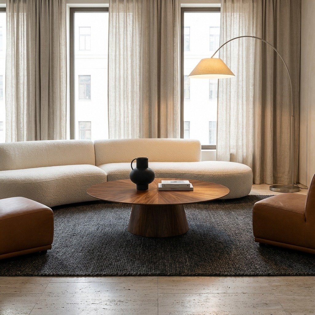 Living room con divano bianco, tavolino in legno con vaso nero e libri, sedili in pelle marrone, tende leggere e lampada da terra con arco e paralume beige.