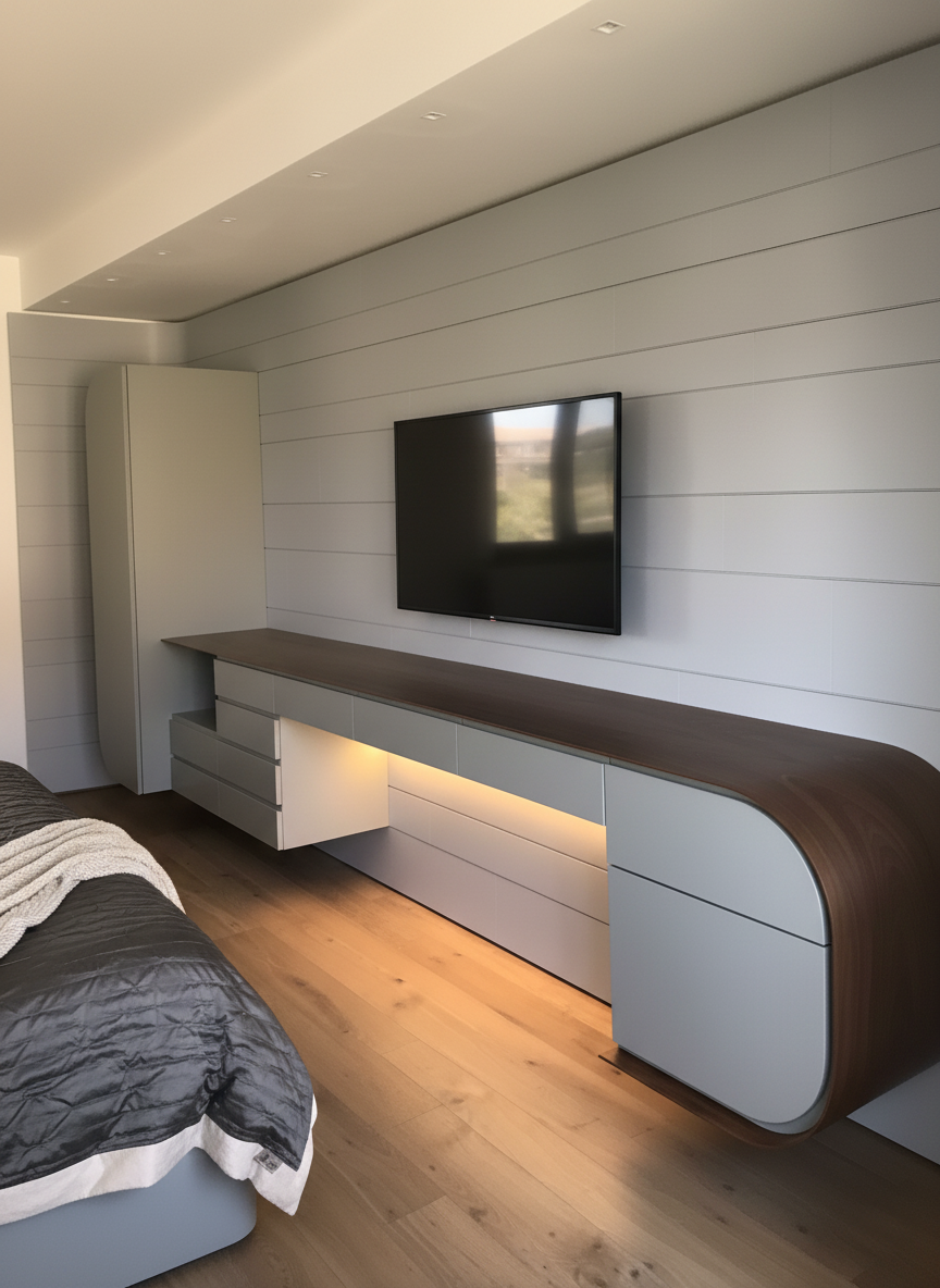 Mobili moderni in una stanza con pareti chiare, television a schermo piatto e pavimento di legno chiaro.