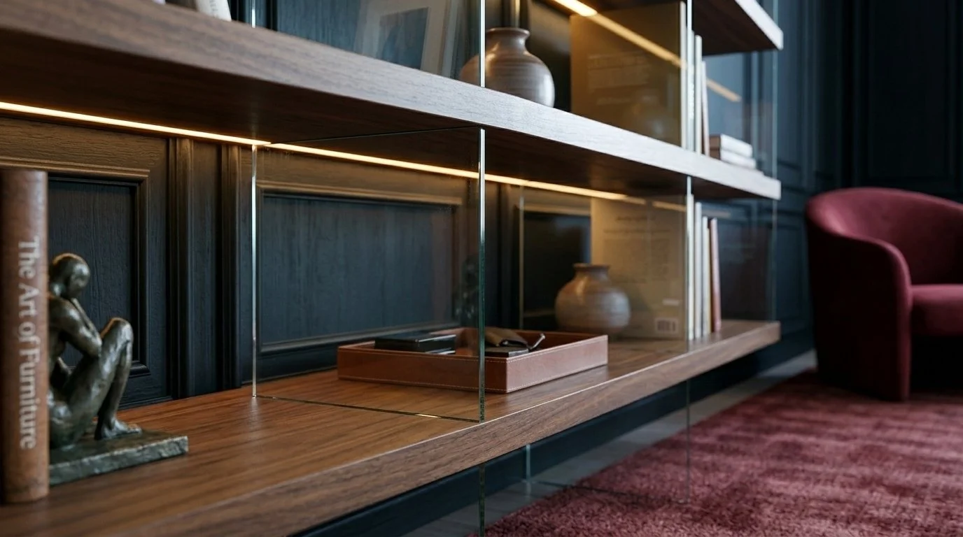 Una libreria in una stanza con oggetti decorativi, vasi, e una sedia rossa in tessuto