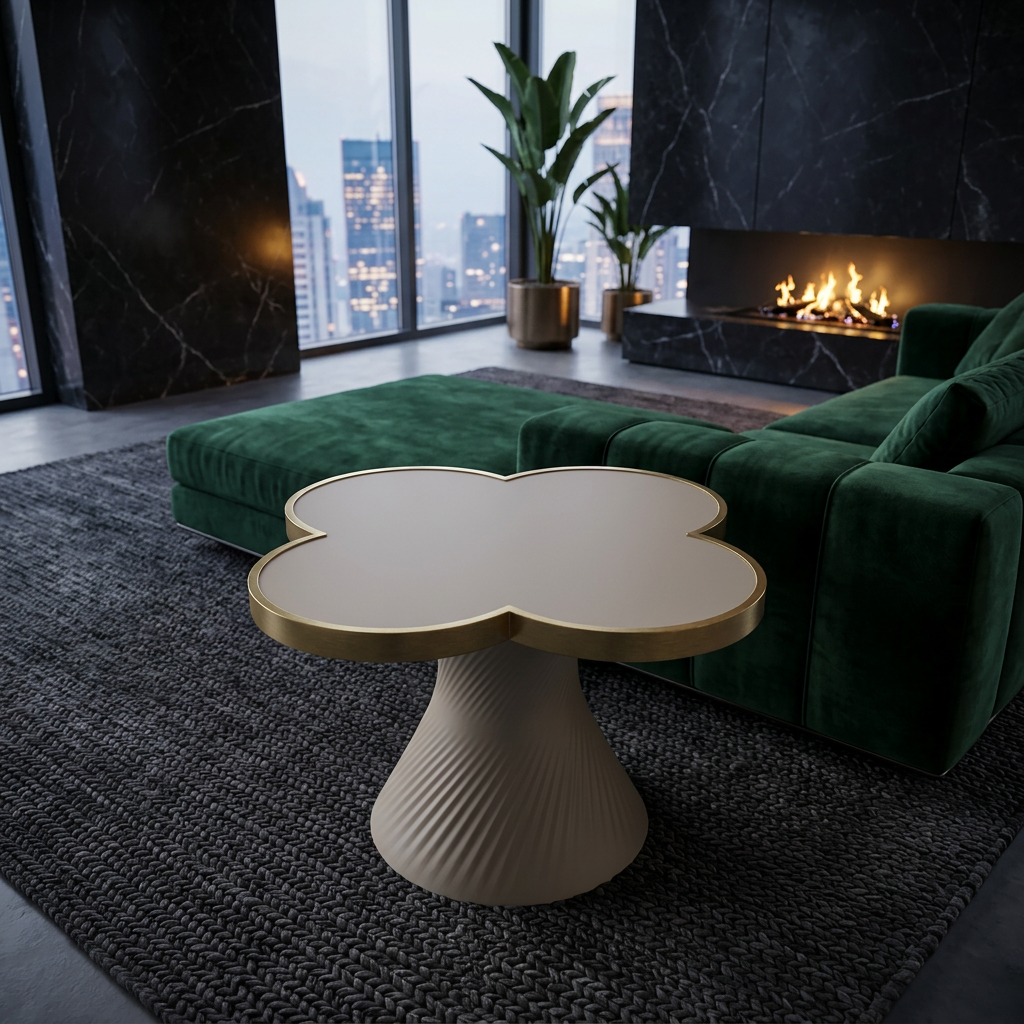 L'immagine mostra un soggiorno moderno con un divano verde, un caminetto acceso, piante alte in vasi dorati, una finestra che mostra una città e un tavolino decorativo bianco con bordo dorato sopra un tappeto scuro.
