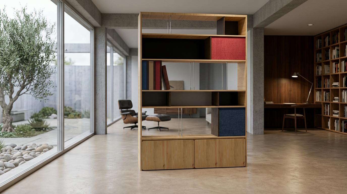 Scaffale di legno con ante e mensole, in un ambiente moderno e luminoso con grandi finestre, una libreria a tutta parete sullo sfondo, e una postazione di lavoro con sedia e lampada.