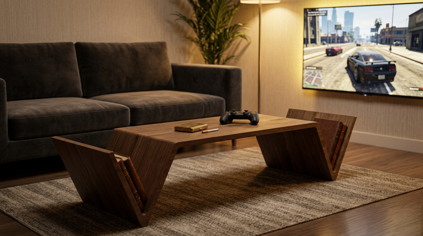 Soggiorno con divano grigio, tavolino in legno, controller di videogiochi, e grande schermo TV che mostra una scena di un videogioco di guida in città.