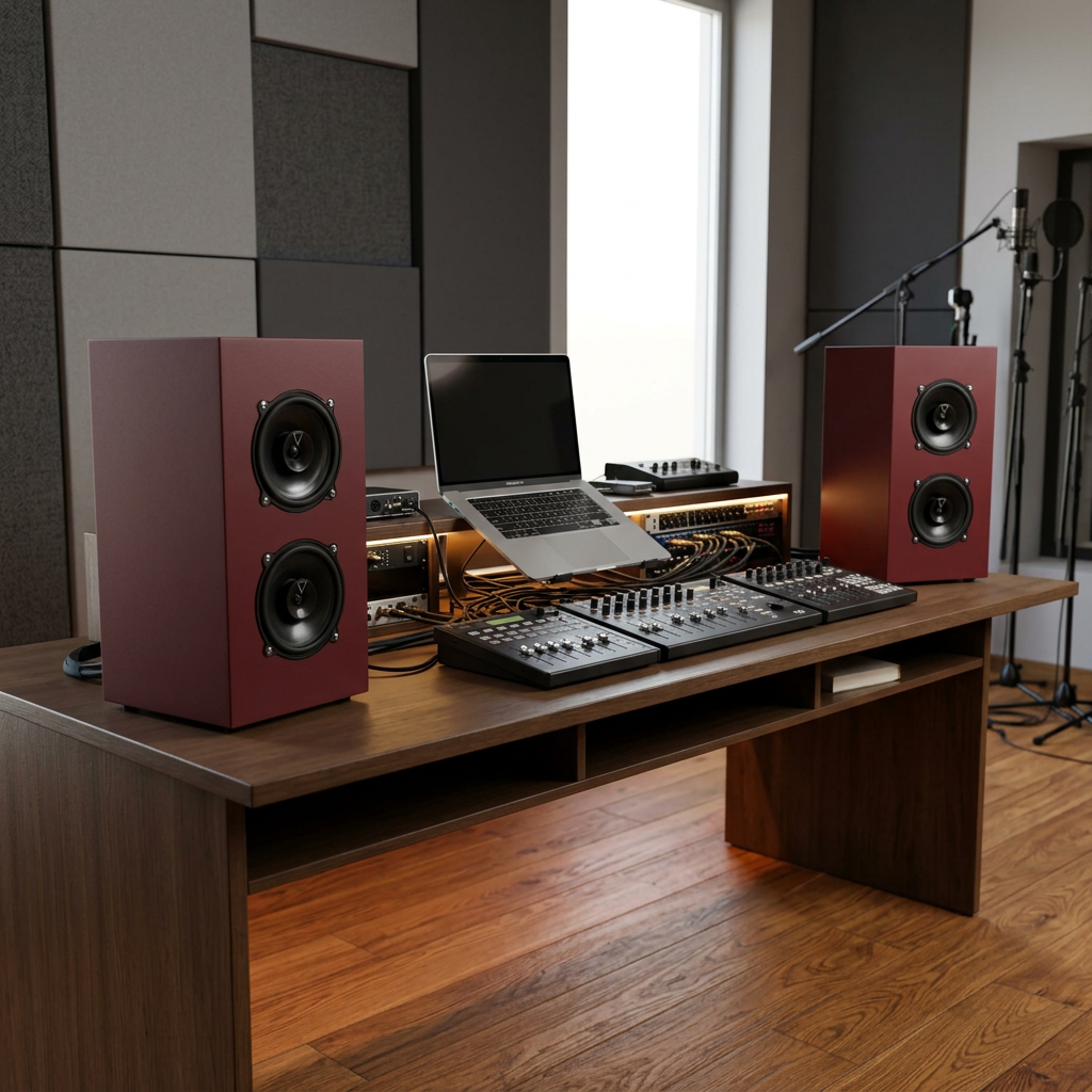Stanza di registrazione musicale con due altoparlanti rossi, una console di mixing, un laptop, un microfono e una parete con pannelli acustici.