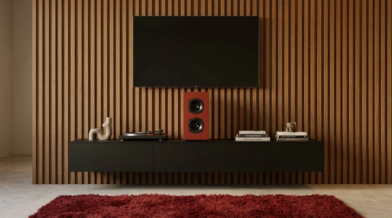 Interno di un soggiorno con parete in legno, TV, diffusori acustici, scaffale con libri e decorazioni, tappeto rosso.