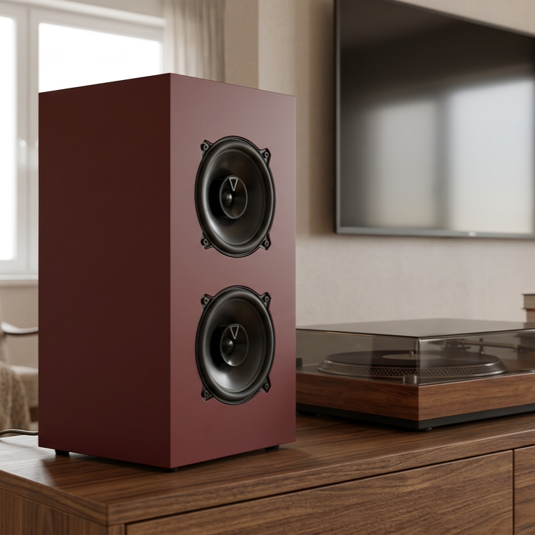 Altoparlante a due vie con casse acustiche nere su una stanza con finestra, televisore e piatto giradischi.