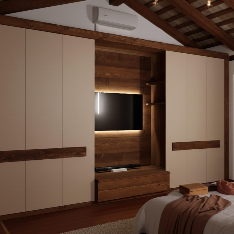 Camera da letto con pareti in legno e armadi bianchi, TV a parete con illuminazione retroilluminata, letto con coperta marrone e cuscini, aria condizionata sopra.