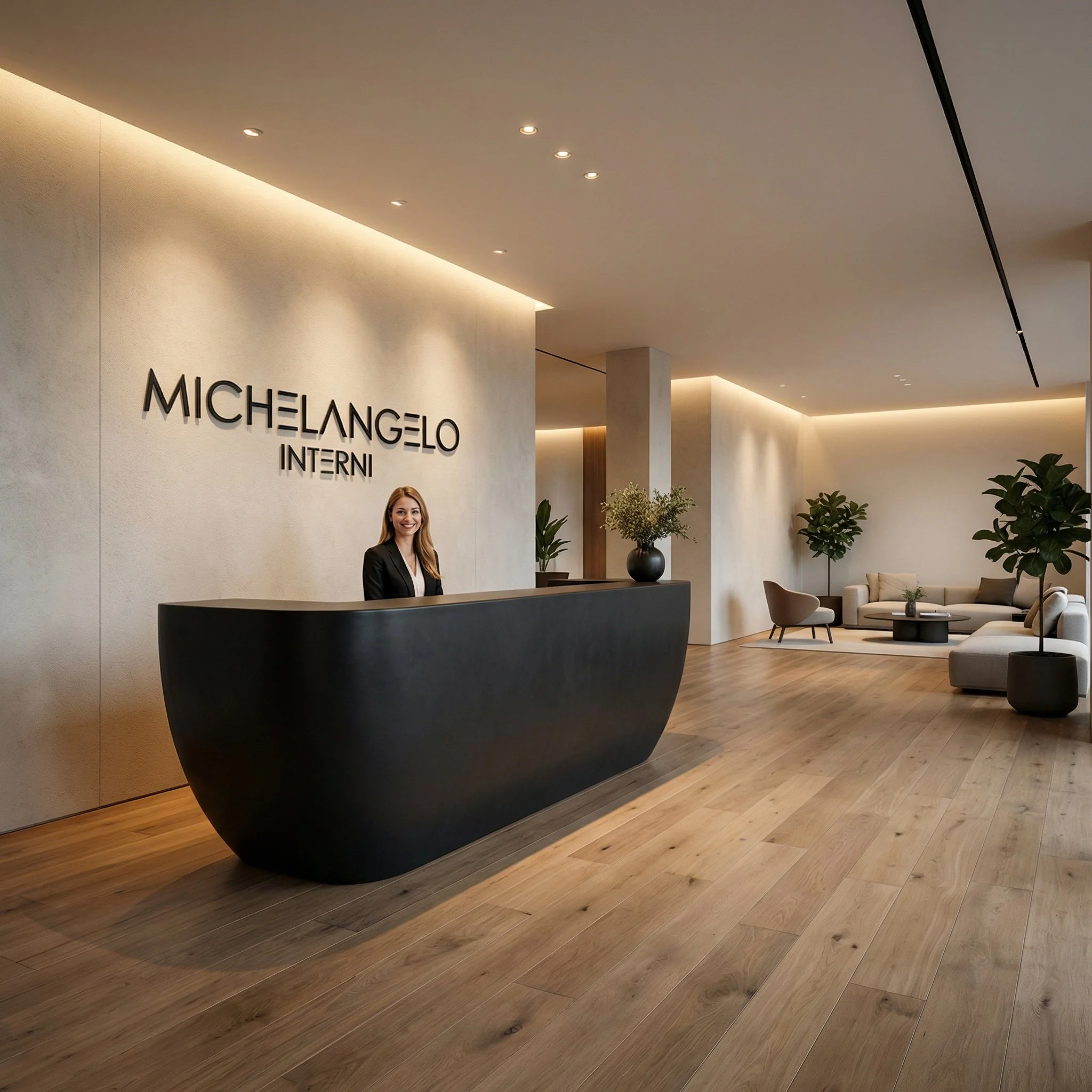 Reception moderna con un bancone nero, un operatore sorridente, piante ornamentali e un'area lounge con divani e poltrone in un ambiente molto luminoso.