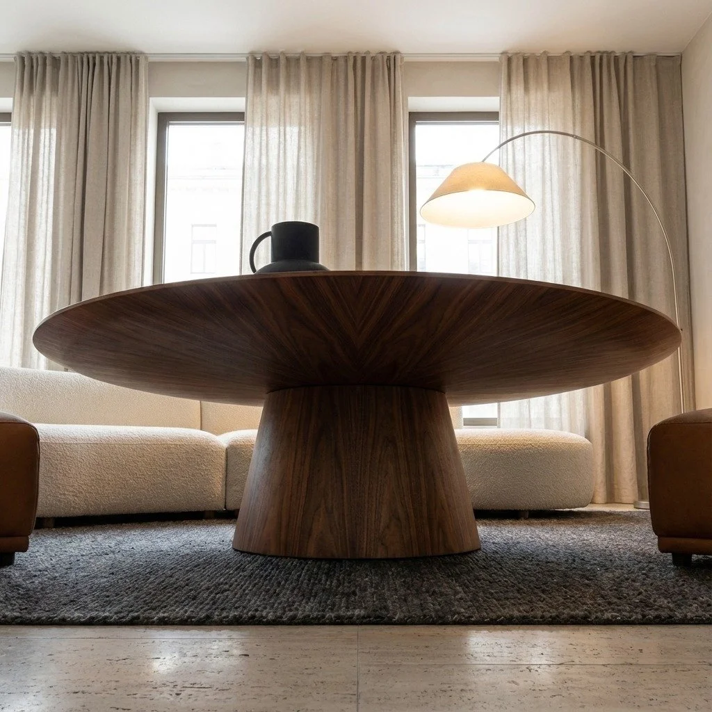 Tavolo in legno rotondo con una tazza nera e una lampada da terra accanto, in soggiorno con finestre con tende beige.