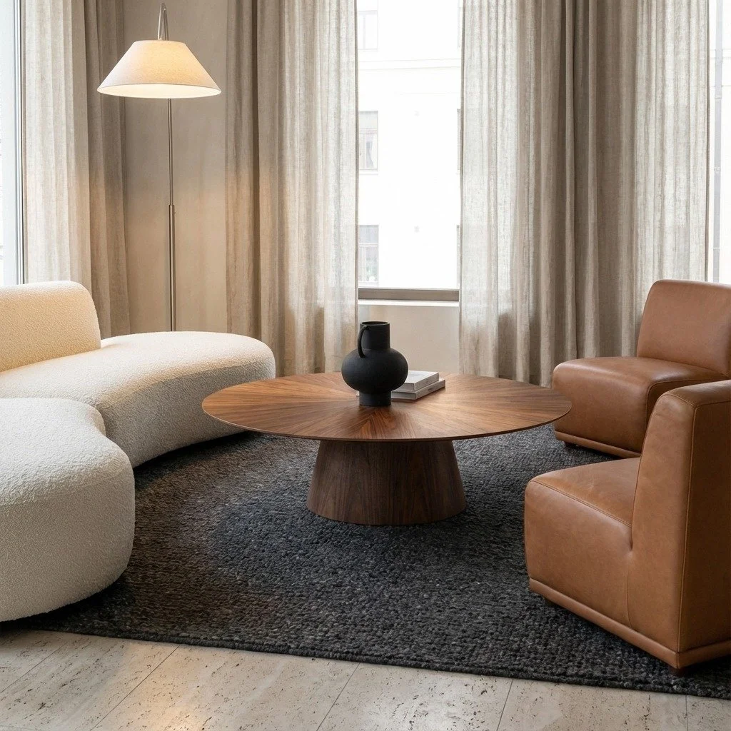 Sala da soggiorno con divano bianco, poltrona marrone, tavolino in legno scuro, lampada da terra, tende leggere e finestra.