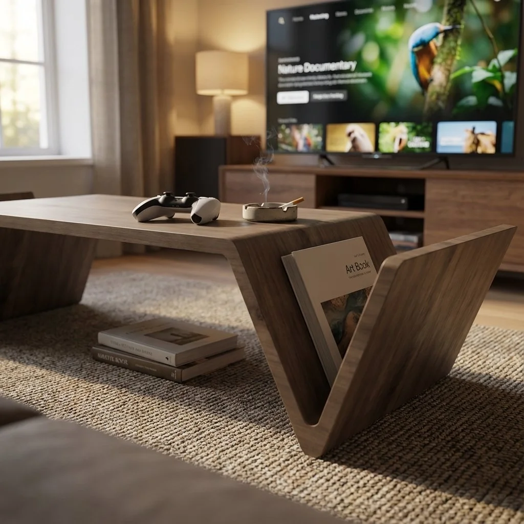 Soggiorno con tavolo in legno, console con televisore acceso, control game, sigaretta accesa, riviste e libro di arte.