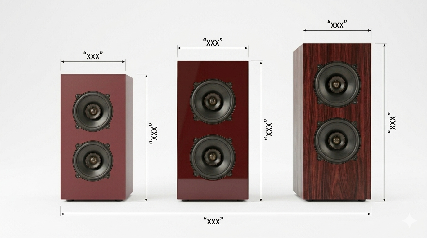 Tre casse acustiche di diverse dimensioni con misure indicate da linee e testo tra virgolette