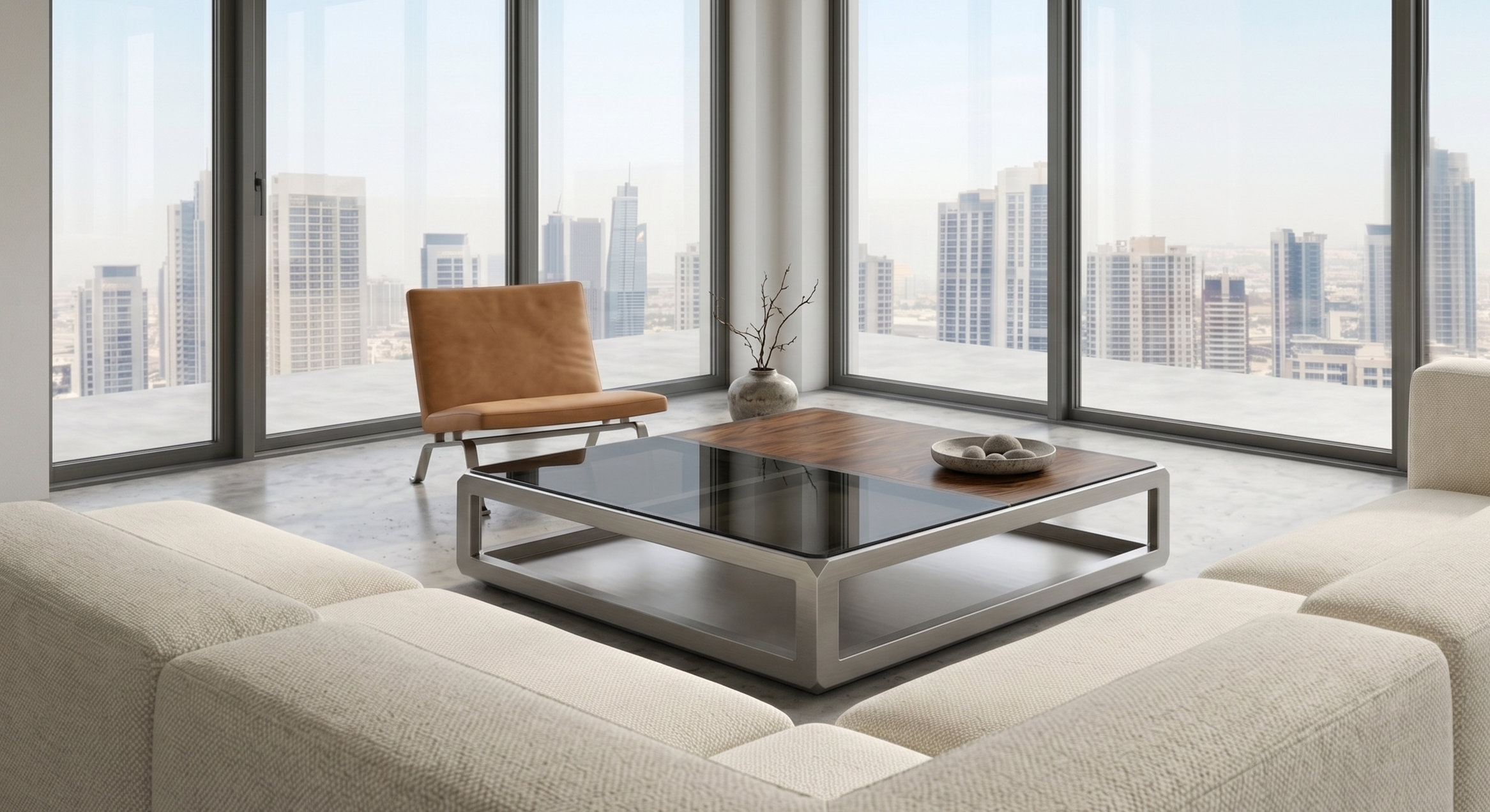 Soggiorno moderno con grandi finestre che offrono vista sulla città, divano beige, tavolino con decorazioni e vaso con ramo secco