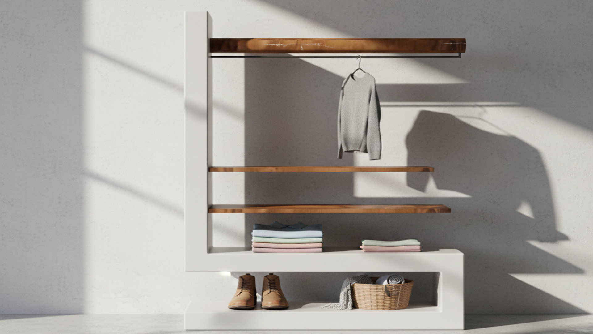 Stanza con scaffale bianco con ripiani di legno, alcune scarpe, vestiti piegati e un giaccone grigio appeso. Ombre e luce naturale creano effetti sulla parete e sul pavimento.