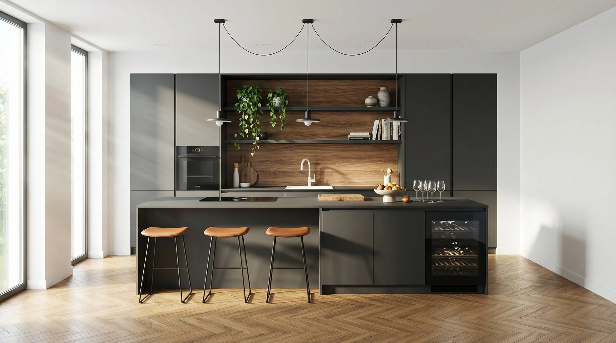 Cucina moderna con armadi in stile minimalista, piano di lavoro in pietra, scaffali in legno con vasi, libri e piante, area centrale con isola con sgabelli in legno, lampade sospese e un vino conservato in un frigorifero a vino.