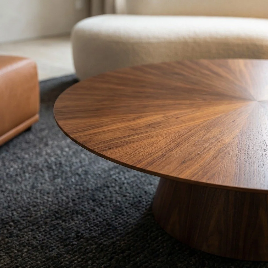 Tavolino di legno rotondo con una superficie a raggi, posizionato su una moquette grigia, con sedie imbottite e rivestite in tessuto e pelle visibili sullo sfondo.