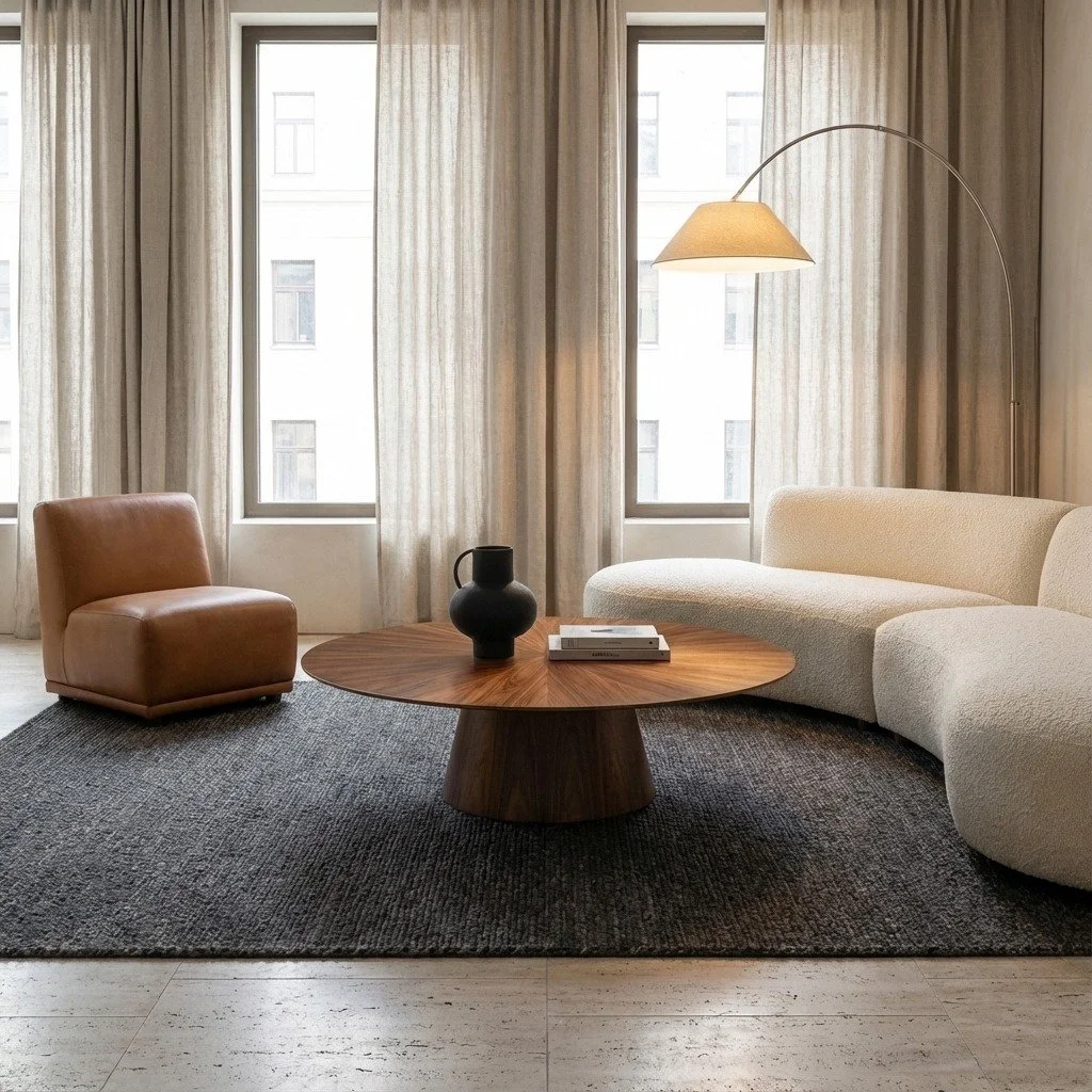 Soggiorno moderno con divano bianco curvo, poltrona marrone, tavolino di legno con vaso nero e libri, lampada da terra con paralume beige, tende chiare e grandi finestre.